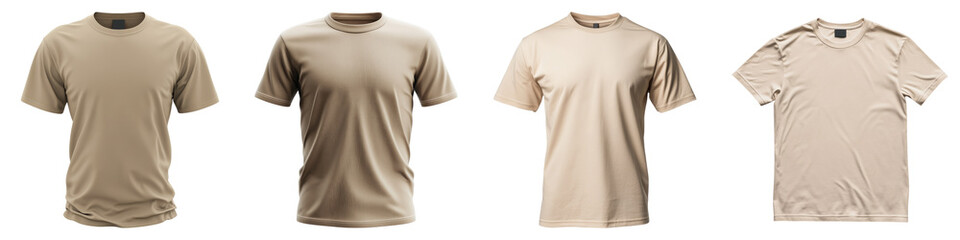 Blank beige t-shirt isolated on transparent background, PNG, Set of