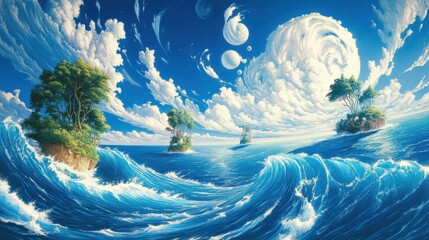 Surreal ocean landscape with floating islands and whimsical sky