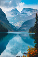 Fototapeta premium Serene Harmony of Majestic Mountains, Pristine Lake, and Vibrant Autumn Foliage Under Clear Blue Skies