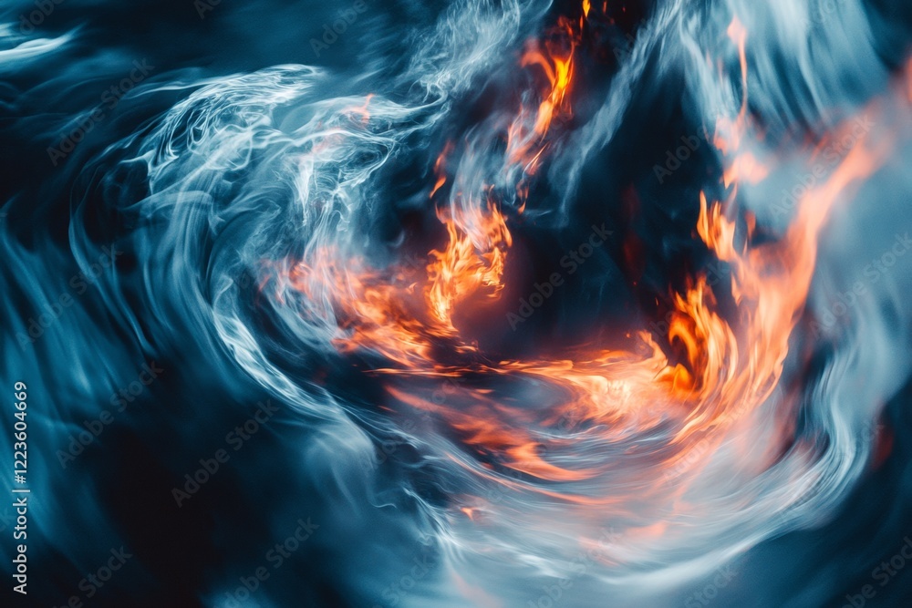 Poster flames swirl dynamically, creating an artistic effect against a dark backdrop. the freeze shot in vi