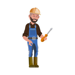 Cartoon electrician in helmet and overalls with a screwdriver