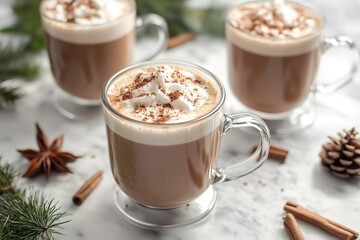 Warm beverages topped with cream and spices during winter season