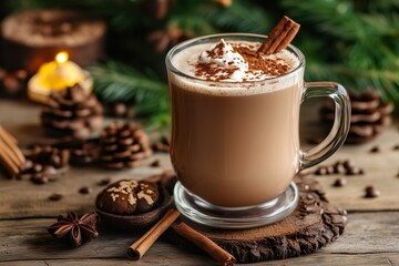 Cozy hot chocolate with spices and cookies on wooden table