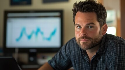 Young caucasian male professional analyzing data in office with confidence