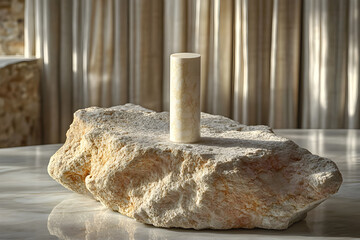 Minimalist Decor with Natural Stone and Marble Cylinder, Modern Luxury Design Elements in Sunlit Interior