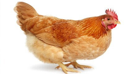 Beautiful Brown Chicken Standing on White Background in Profile View