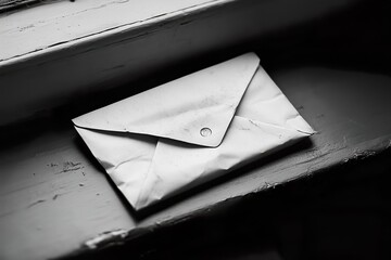 Old envelope resting on a wooden windowsill in soft light