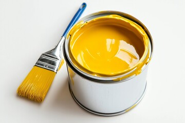 Bright yellow paint in a can with a brush ready for use