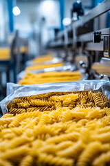 A bag of food is smoothly being packaged in a pasta factory machine, showcasing the precision and efficiency of modern food production
