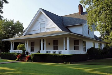 Historic white house with a porch in a tranquil neighborhood