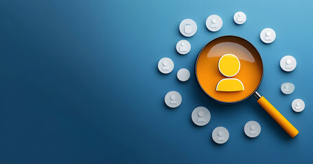Yellow human icon in magnifying glass among white icons on blue background symbolizing customer focus hr recruitment and crm management banner with space for copy and orange accents
