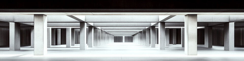 Obraz premium Empty concrete structure with rows of pillars extending into the distance. Concept of architectural minimalism and symmetry. For architectural design inspiration.