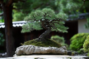 Beautiful bonsai tree displayed in serene garden setting