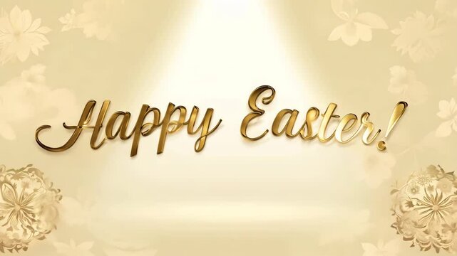 Golden Happy Easter text in elegant script with floral details on a warm beige background, illuminated by a soft spotlight for a celebratory and refined atmosphere