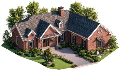 Isometric 3D rendering of a brick house, viewed from an exterior perspective with fine detailing...