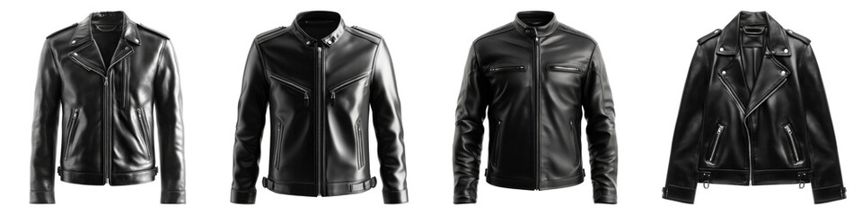 Black leather jacket isolated on transparent background, PNG, Set of