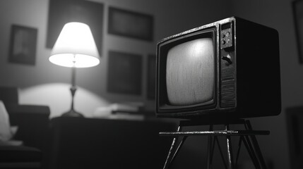 Vintage black and white tv in dimly lit room