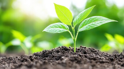 Young plant seedling growing in soil, sunny garden background, new life, environmental concept