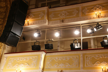Professional spotlights in theatre, low angle view