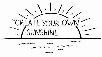 Minimalist linear art print depicting the sun and organic shapes with the inspirational caption “Create your own sunshine”.