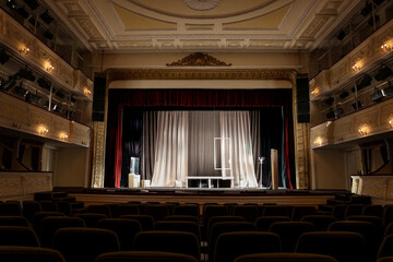 Theatre interior with stage and rows of comfortable seats