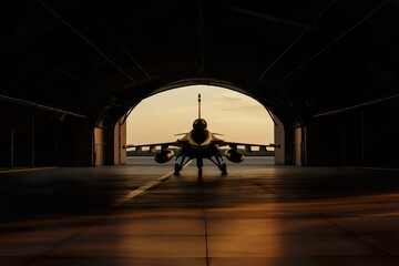 Fighter jet awaiting takeoff at sunset in an aircraft hangar