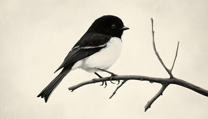A black and white bird sits comfortably on a branch, showcasing its feathers and posture