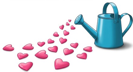 Obraz premium A collection of pink heart are coming out from a blue watering can's watering pipe the heart -shaped objects in various sizes on white background watering can and flowers valentine's day love