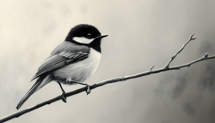 Fototapeta premium A black and white bird sits comfortably on a branch, showcasing its feathers and posture
