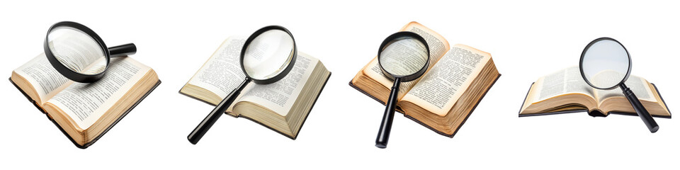 Black magnifying glass on an open book isolated on transparent background, PNG, Set of