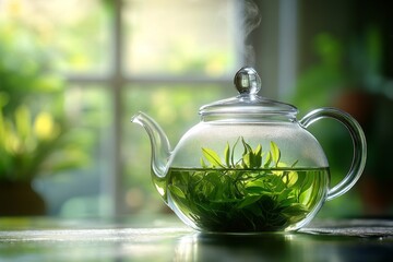 Green tea brewing in a glass teapot with steam