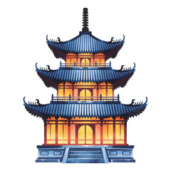 Naklejka premium Traditional Asian Pagoda Watercolor Illustration