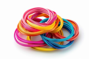 Colorful collection of elastic bands arranged creatively on a bright white surface, showcasing their vibrant hues and playful design isolated on transparent background
