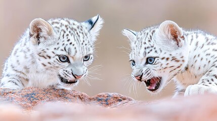 Fototapeta premium Two snow leopard cubs playfully sparring on rocks, blurred background