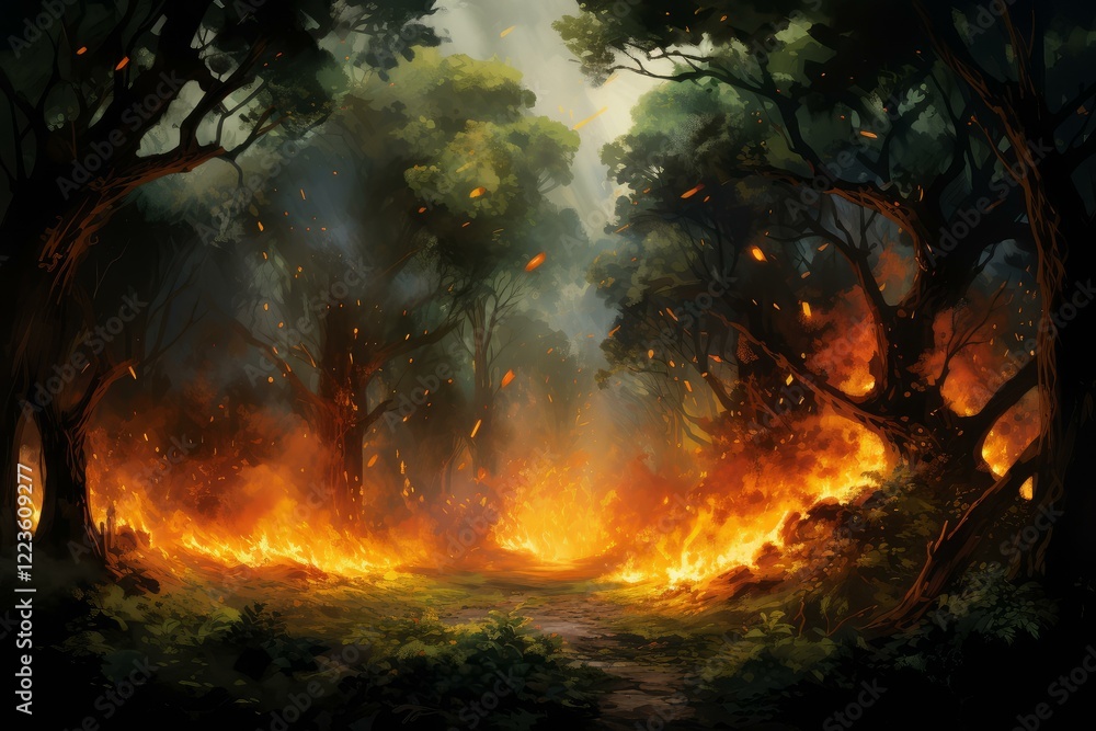 Aufkleber intense flames engulfing trees in a forest fire, creating a fiery path and spreading destruction