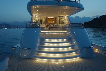Luxury yacht deck illuminated with soft recessed LED lighting, enhancing the nighttime ambiance