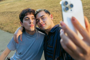 Naklejka premium gay couple of young latin men happily taking a selfie with their cell phone set outside, gen z