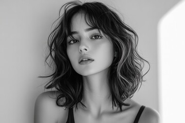 Grayscale portrait of a woman with wavy hair