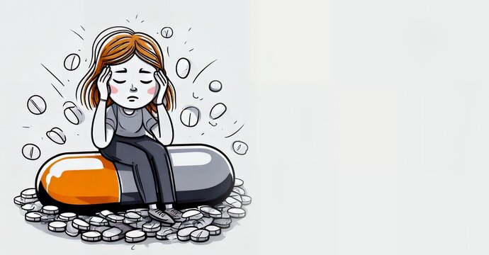 Young woman with hand on head sitting on a big pill and suffering from migraine. Strong headache medication cure. Overworked, exhausted. Pain management concept. Triptan painkillers.