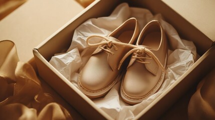 Elegant tan leather shoes in gift box with satin ribbon