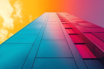Colorful abstract skyscraper against a gradient sky