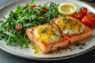 Grilled salmon fillet with lemon and fresh greens