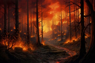 Intense wildfire consuming trees and vegetation, with a lava river flowing downhill, creating a dramatic and apocalyptic scene