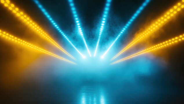 A contemporary arena setup with blue and yellow lights radiating from the ceiling, smoke clouds diffusing the light for a dynamic effect 
