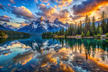 Majestic sunrise over serene mountain lake with perfect reflection.