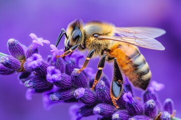 Closeup of honeybee on purple lavender flower in summer sunlight