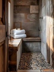 A bathroom with pebble flooring in the shower and natural stone tiles.