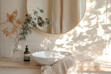 Minimalist bathroom with natural light and shadows