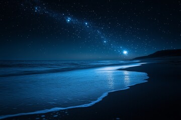 Starry night sky with bright stars above a calm sea