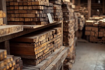Wooden planks stacked in an outdoor lumberyard